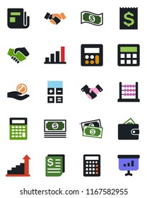 Color and black flat icon set - handshake vector, growth statistic, calculator, cash, receipt, news, bar graph, abacus, wallet, investment, presentation