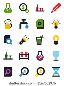 Color and black flat icon set - document search vector, bulb, blood test vial, thermometer, fragile, torch, water supply, client, alcohol, phyto bar, beer, money, idea, flask, sand clock