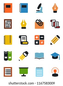 Color and black flat icon set - contract vector, book, calculator, graduate, abacus, notepad, pencil, microscope, copybook, presentation board, paper clip, ink pen, shining head