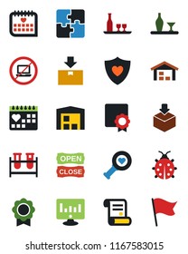 Color and black flat icon set - no laptop vector, statistic monitor, contract, lady bug, blood test vial, heart diagnostic, shield, medical calendar, package, application, sertificate, warehouse