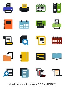 Color and black flat icon set - contract vector, book, document search, notepad, calendar, printer, folder, copybook, news, schedule