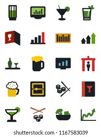 Color and black flat icon set - security gate vector, statistic monitor, barcode, scanner, statistics, bar graph, alcohol, wine card, drink, cocktail, phyto, beer, salad, sushi, arrow up, growth