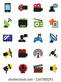 Color and black flat icon set - satellite antenna vector, clapboard, microphone, radio, loudspeaker, gamepad, tv, video camera, cell phone, speaker, favorites list, hdmi, sound