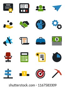 Color and black flat icon set - stopwatch vector, target, group, gear, handshake, earth, office chair, investment, cash, case, calculator, paper plane, certificate, advertising, pedestal, contract