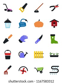 Color and black flat icon set - trowel vector, garden fork, ripper, fence, watering can, wheelbarrow, bucket, pruner, glove, boot, saw, lawn mower, seedling, hose, hoe, knife, pumpkin, light