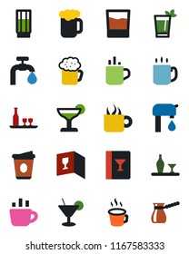 Color and black flat icon set - hot cup vector, coffee, water supply, alcohol, wine card, drink, cocktail, phyto bar, beer, turkish