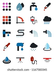 Color and black flat icon set - crisis graph vector, watering, water drop, rain, drip irrigation, dropper, menu, supply, sprinkler