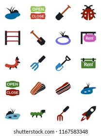 Color and black flat icon set - job vector, garden fork, shovel, lady bug, caterpillar, pond, rack, rent, bacon, open close, rocket