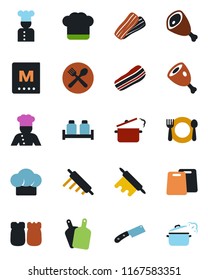 Color and black flat icon set - cook vector, cafe, hat, menu, bacon, salt and pepper, ham, rolling pin, cutting board, knife, steaming pan