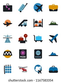 Color and black flat icon set - plane vector, runway, taxi, suitcase, baggage trolley, passport, ladder car, helicopter, seat map, luggage storage, scales, globe, mountains, case