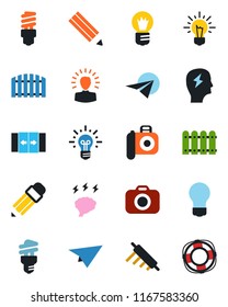 Color and black flat icon set - automatic door vector, brainstorm, bulb, camera, pencil, fence, rolling pin, energy saving, shining head, idea, paper plane, crisis management