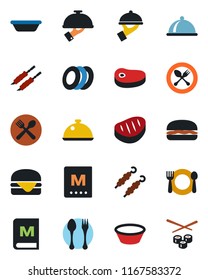 Color and black flat icon set - spoon and fork vector, dish, cafe, menu, plates, waiter, steak, kebab, hamburger, bowl, sushi