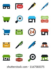 Color and black flat icon set - 24 around vector, shop, pen, store, search cargo, sale, sold signboard, cafe building, open close, cart, storefront