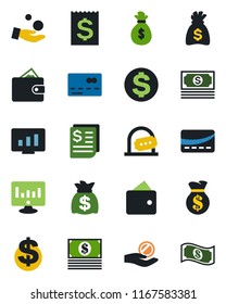 Color and black flat icon set - credit card vector, ticket office, dollar sign, money bag, statistic monitor, cash, receipt, wallet, investment