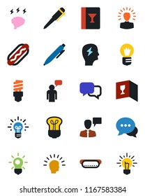 Color and black flat icon set - speaking man vector, pen, brainstorm, bulb, dialog, wine card, hot dog, energy saving, shining head, idea