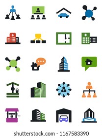 Color and black flat icon set - hierarchy vector, well, molecule, hospital, office building, garage, plan, home message