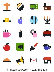 Color and black flat icon set - fence vector, spoon and fork, clouds, mouse, coffee, trowel, fireplace, signpost, shield, loudspeaker, touch screen, rewind, case, reception, candle, apple fruit, pc