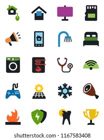 Color and black flat icon set - stethoscope vector, caries, warehouse storage, flammable, gamepad, protect, sd, presentation board, sun panel, bedroom, bathroom, wireless, ham, home control, app