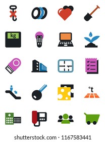 Color and black flat icon set - escalator vector, notebook pc, shovel, heart, scales, hospital, no hook, remote control, checklist, plan, office building, key, plates, cheese, irrigation, intercome