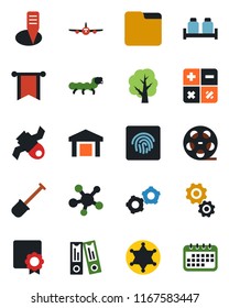 Color and black flat icon set - plane vector, gear, calculator, office binder, shovel, tree, plant label, caterpillar, satellite, warehouse, reel, share, folder, fingerprint id, sertificate, police