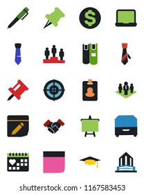 Color and black flat icon set - dollar sign vector, pedestal, graduate, presentation board, medical calendar, paper pin, notes, drawing, blank box, target, tie, notebook pc, archive, handshake, book