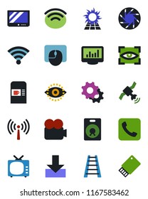 Color and black flat icon set - antenna vector, coffee machine, mouse, ladder, satellite, tv, video camera, speaker, call, mobile, settings, download, wireless, eye id, monitor statistics, scan
