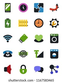 Color and black flat icon set - fence vector, caterpillar, heart, mobile, message, clock, wireless, lock, fingerprint id, cellular signal, charge, application, root setup, phone, washer, sound