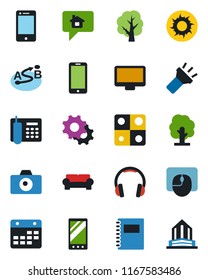 Color and black flat icon set - camera vector, mobile phone, mouse, tree, sun, route, cell, headphones, monitor, settings, calendar, torch, application, copybook, office, cushioned furniture