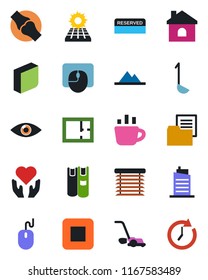 Color and black flat icon set - mouse vector, coffee, lawn mower, house, heart hand, eye, joint, folder document, stop button, blank box, book, sun panel, mountains, plan, city, reserved, ladle