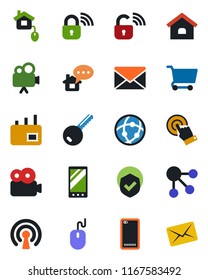 Color and black flat icon set - mail vector, mouse, shield, video camera, touch screen, mobile, phone back, network, house, key, home control, wireless lock, message, cart, social media