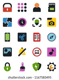 Color And Black Flat Icon Set - No Laptop Vector, Mobile Phone, Menu, Gallery, Protect, Themes, User, Clock, Sd, Sim, Mute, Cut, Compass, Lock, Face Id, Music, Photo, Application, Root Setup