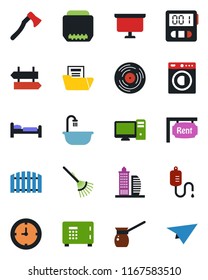 Color and black flat icon set - signpost vector, bed, safe, presentation board, rake, axe, dropper, clock, vinyl, hdmi, stopwatch, document folder, fence, rent, office building, bathroom, washer, pc