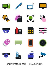 Color and black flat icon set - wireless notebook vector, bench, clock, touch screen, monitor, radio phone, back, tuning, sd, sim, face id, copier, pen, web camera, pc, usb flash, surveillance