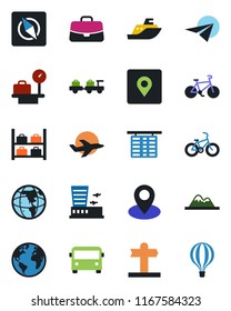 Color and black flat icon set - airport bus vector, baggage larry, flight table, luggage storage, scales, building, case, bike, signpost, earth, pin, plane, sea shipping, place tag, compass, paper