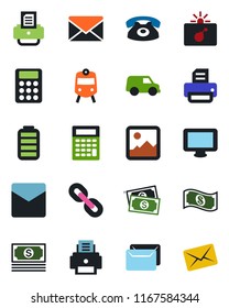 Color and black flat icon set - train vector, bomb in case, mail, printer, cash, monitor, chain, battery, gallery, calculator, phone, car