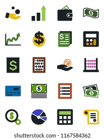 Color and black flat icon set - credit card vector, growth statistic, dollar sign, abacus, cash, receipt, calculator, pie graph, wallet, money search, investment, contract