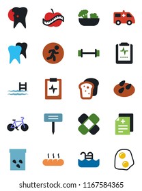 Color and black flat icon set - plant label vector, seeds, diagnosis, patch, ambulance car, barbell, bike, run, tooth, caries, pulse clipboard, diet, pool, salad, bread, omelette