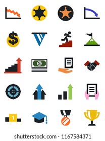 Color and black flat icon set - growth statistic vector, dollar sign, medal, graduate, document, cash, target, handshake, career ladder, police, arrow up graph, motivation, pennon, crisis, pedestal