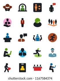 Color and black flat icon set - elevator vector, reception, manager, speaking man, team, run, doctor, support, client, identity card, meeting, dress code, with notebook