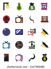 Color and black flat icon set - abacus vector, money bag, well, sickle, film frame, vinyl, tv, microphone, rolling pin, outdoor lamp, fridge