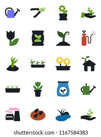Color and black flat icon set - factory vector, flower in pot, watering can, sproute, pruner, seedling, seeds, pond, garden sprayer, fertilizer, tulip, eco house, palm