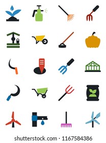 Color and black flat icon set - garden fork vector, farm, rake, wheelbarrow, well, hoe, sickle, plant label, pumpkin, greenhouse, sprayer, fertilizer, drip irrigation, windmill