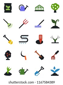 Color and black flat icon set - job vector, garden fork, shovel, farm, rake, watering can, sproute, sickle, plant label, greenhouse, fertilizer, drip irrigation, fruit tree