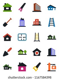 Color and black flat icon set - office building vector, trowel, shovel, ladder, saw, house, hospital, with garage, tree, plan, sweet home, city, crane