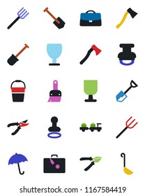 Color and black flat icon set - suitcase vector, umbrella, stamp, baggage larry, job, shovel, farm fork, bucket, pruner, axe, fragile, themes, case, ladle