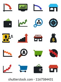 Color and black flat icon set - shop vector, growth statistic, money bag, crisis graph, store, monitor statistics, hr, target, consumer search, wallet, cart, storefront