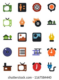 Color and black flat icon set - elevator vector, alarm clock, tv, stamp, fireplace, film frame, vinyl, flame disk, gallery, abacus, ink pen, house with tree, power plug