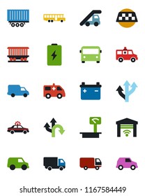 Color and black flat icon set - taxi vector, airport bus, alarm car, ladder, ambulance, route, railroad, truck trailer, delivery, heavy scales, garage gate control, battery
