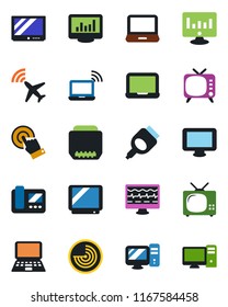 Color and black flat icon set - plane radar vector, wireless notebook, pc, statistic monitor, pulse, tv, touch screen, laptop, hdmi, statistics, intercome