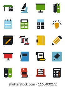 Color and black flat icon set - contract vector, book, calculator, abacus, desk, notepad, presentation board, pencil, microscope, notes, copybook, shining head